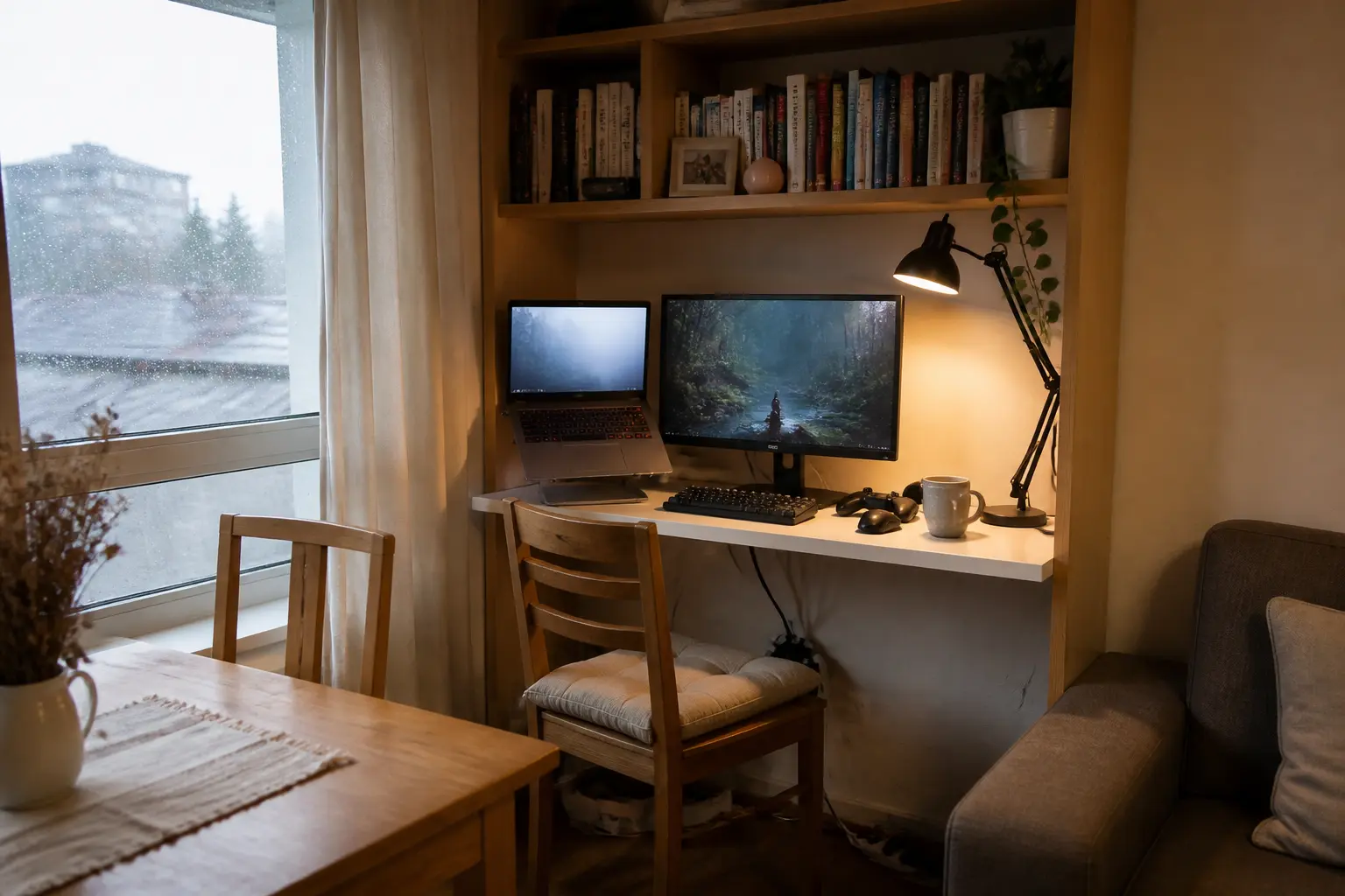 Setup para trabajo y juego en un espacio compartido